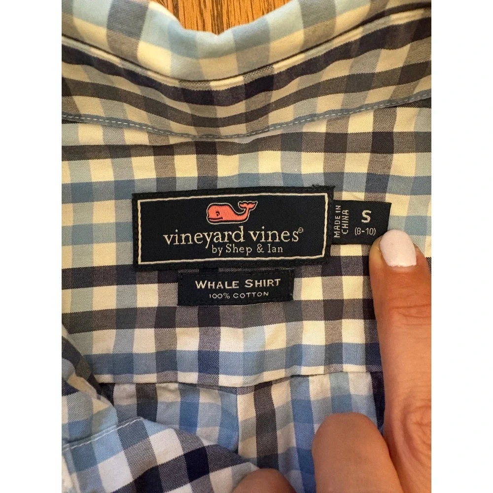 Vineyard Vines Button Down Shirt Kids Small 8-10 Blue Gingham Whale Cotton